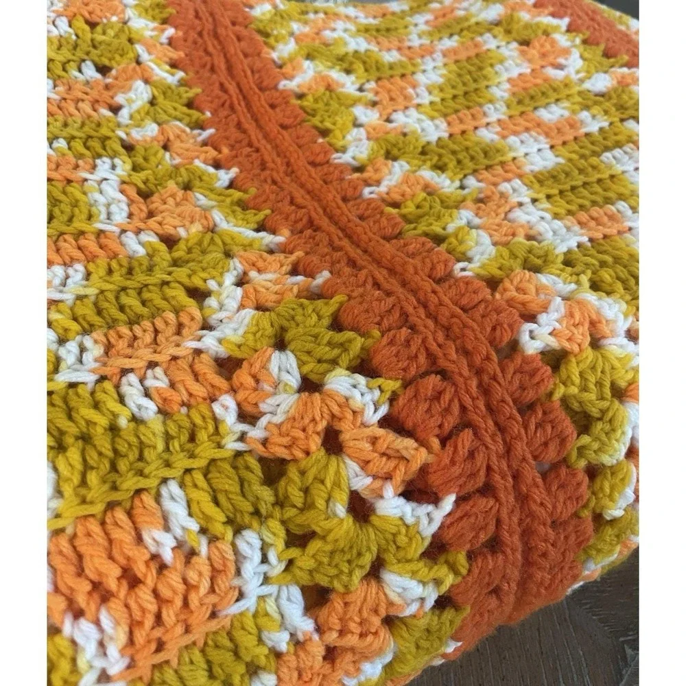 Vtg Lg 70s‎ Orange & Gold Crochet Afghan Sofa Throw Blanket 62